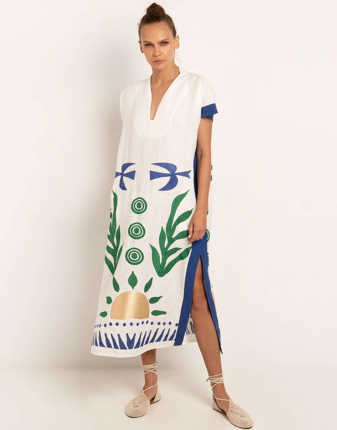 Sun Midi Kaftan White Green and Blue