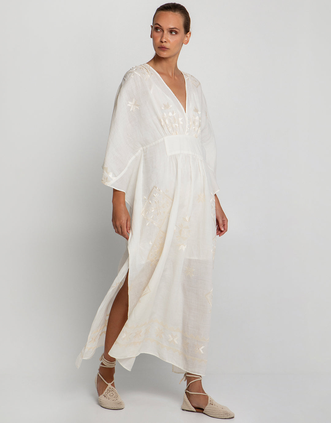 Lefkada Kimono Sleeve Maxi Kaftan - Natural and Champagne - Simply Beach UK