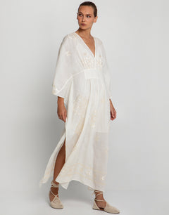 Lefkada Kimono Sleeve Maxi Kaftan - Natural and Champagne - Simply Beach UK