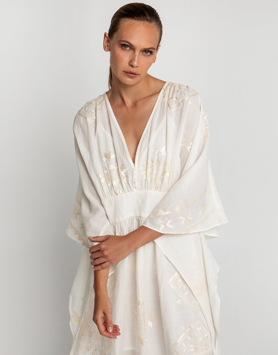 Lefkada Kimono Sleeve Maxi Kaftan - Natural and Champagne - Simply Beach UK