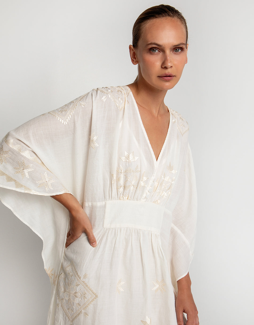 Lefkada Kimono Sleeve Maxi Kaftan - Natural and Champagne - Simply Beach UK