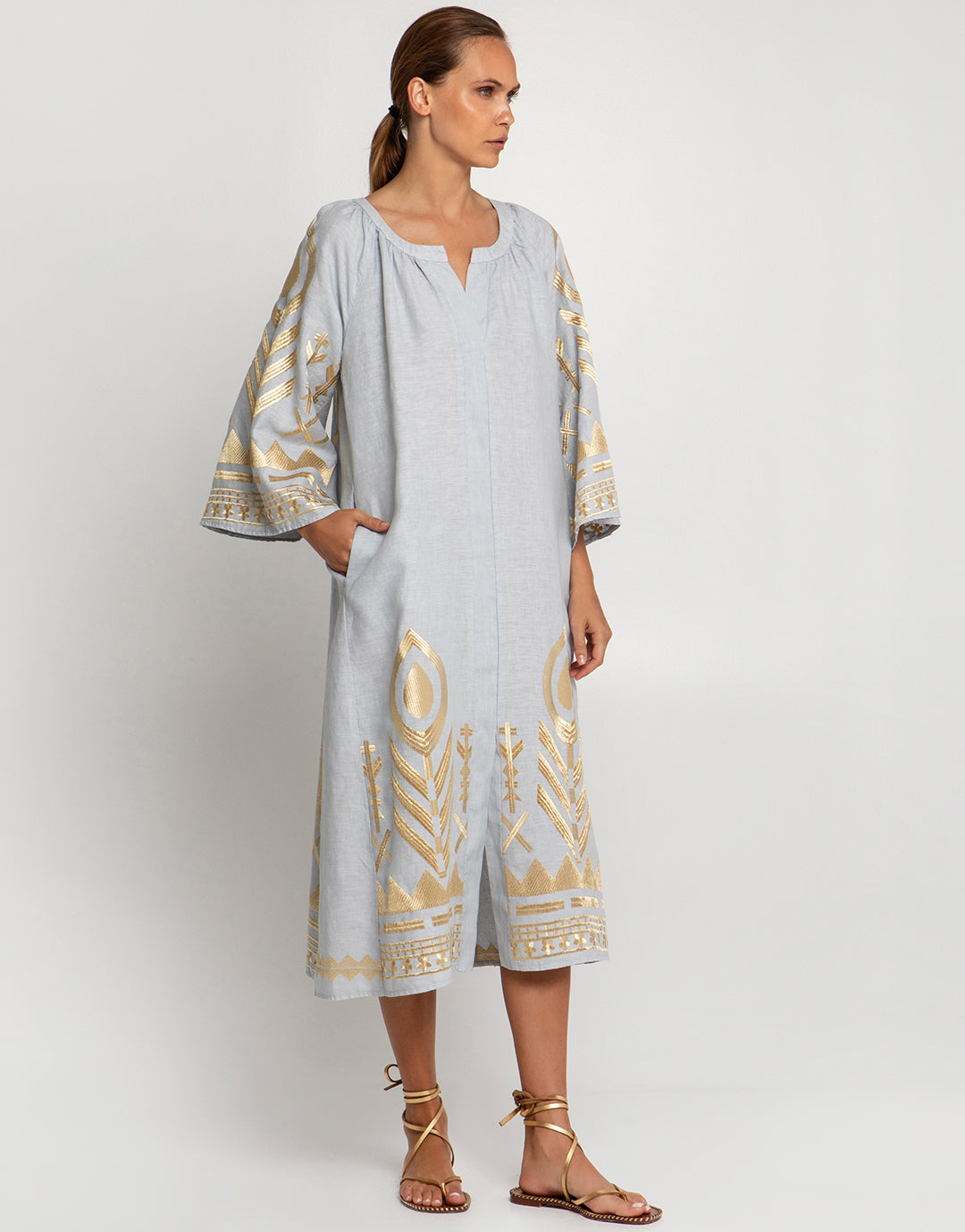 Feather Midi Kaftan - Light Grey and Gold - Simply Beach UK