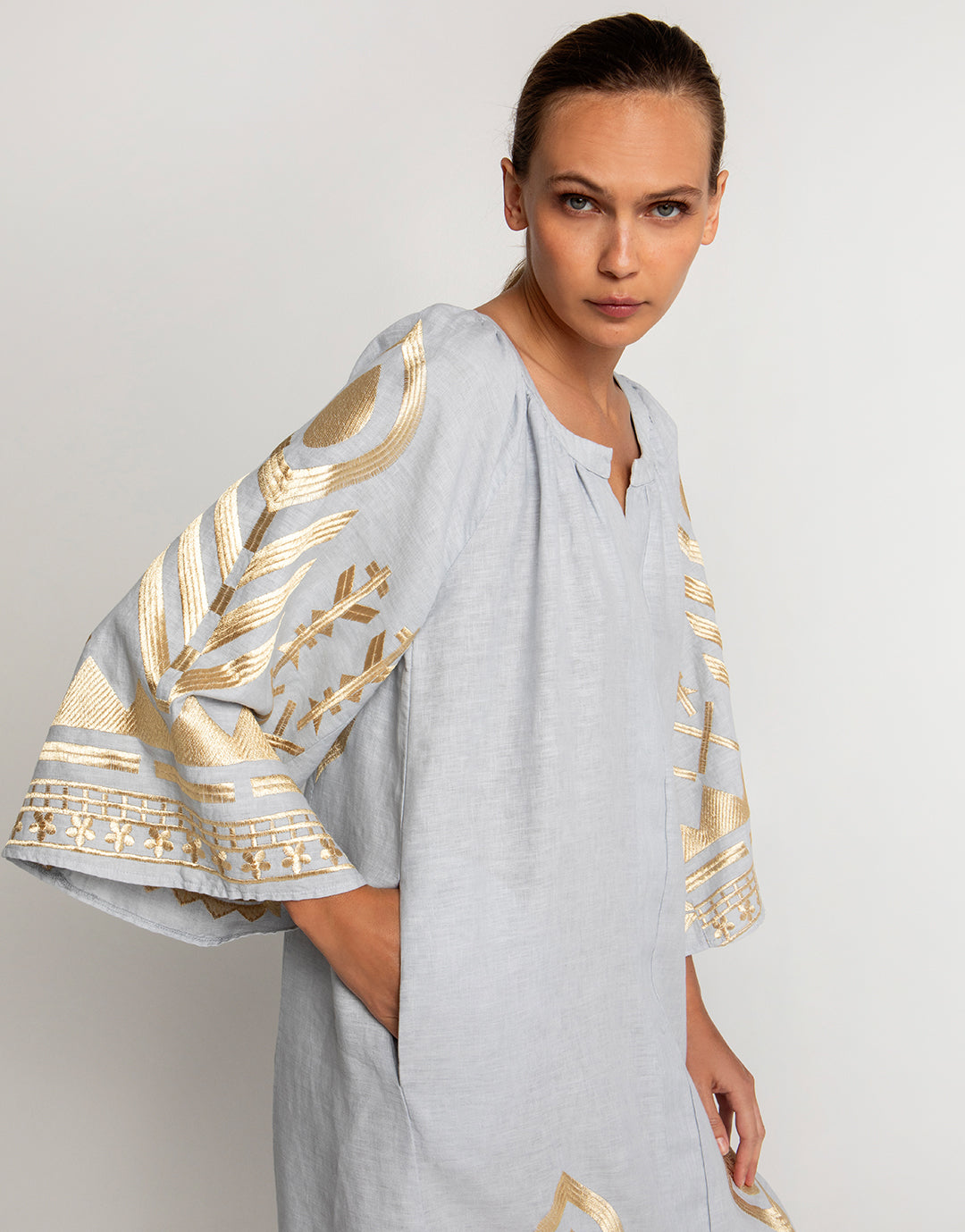 Feather Midi Kaftan - Light Grey and Gold - Simply Beach UK