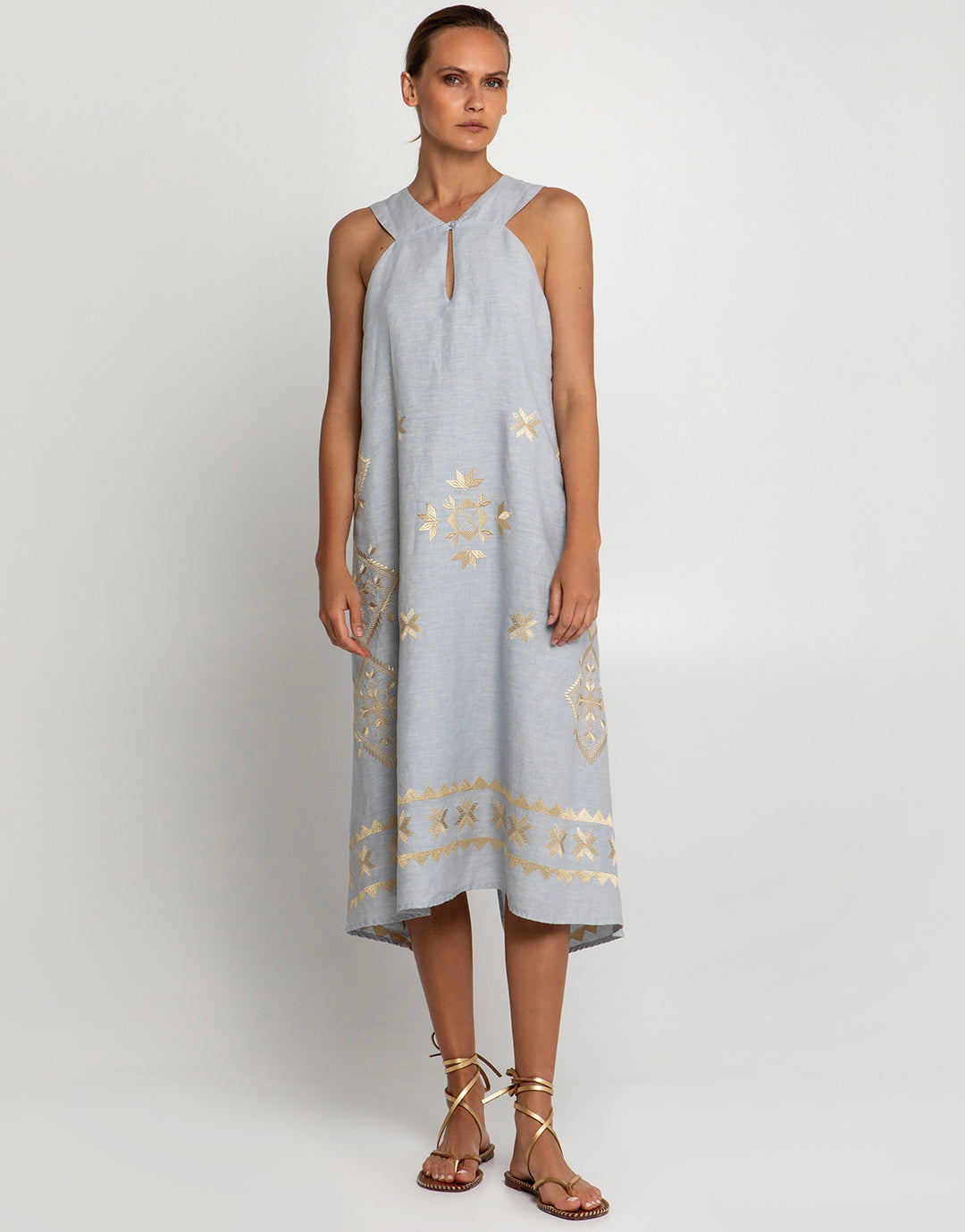 Lefkada Sleeveless Midi Dress - Light Grey and Gold - Simply Beach UK