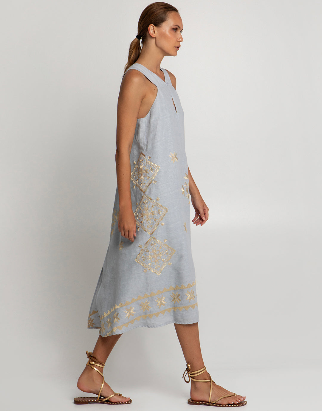 Lefkada Sleeveless Midi Dress - Light Grey and Gold - Simply Beach UK