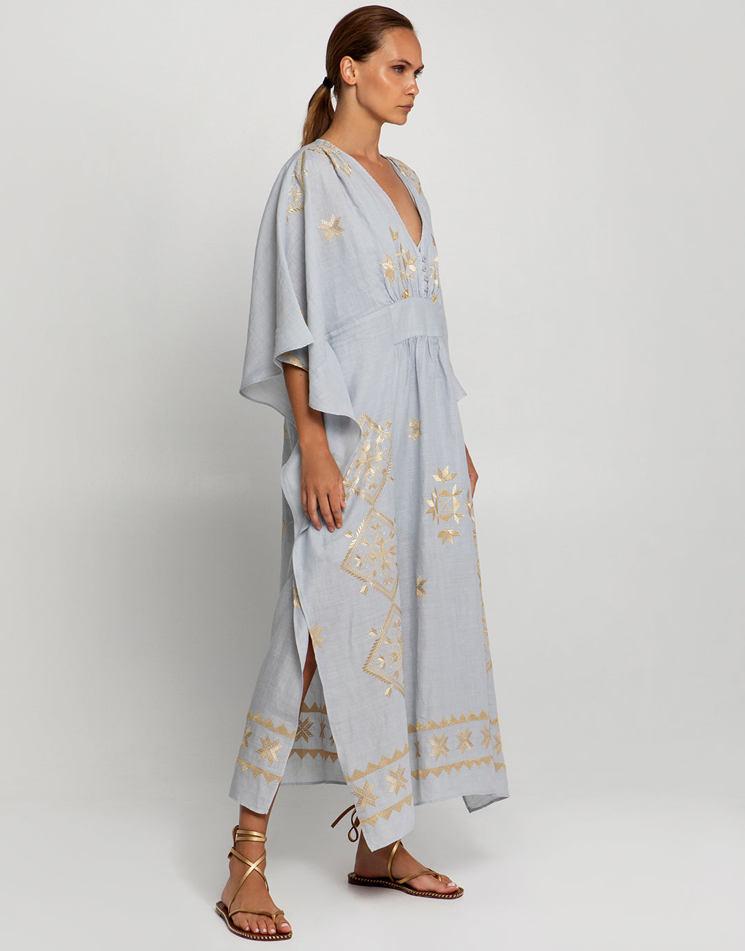 Lefkada Kimono Sleeve Maxi Kaftan - Light Grey and Gold - Simply Beach UK