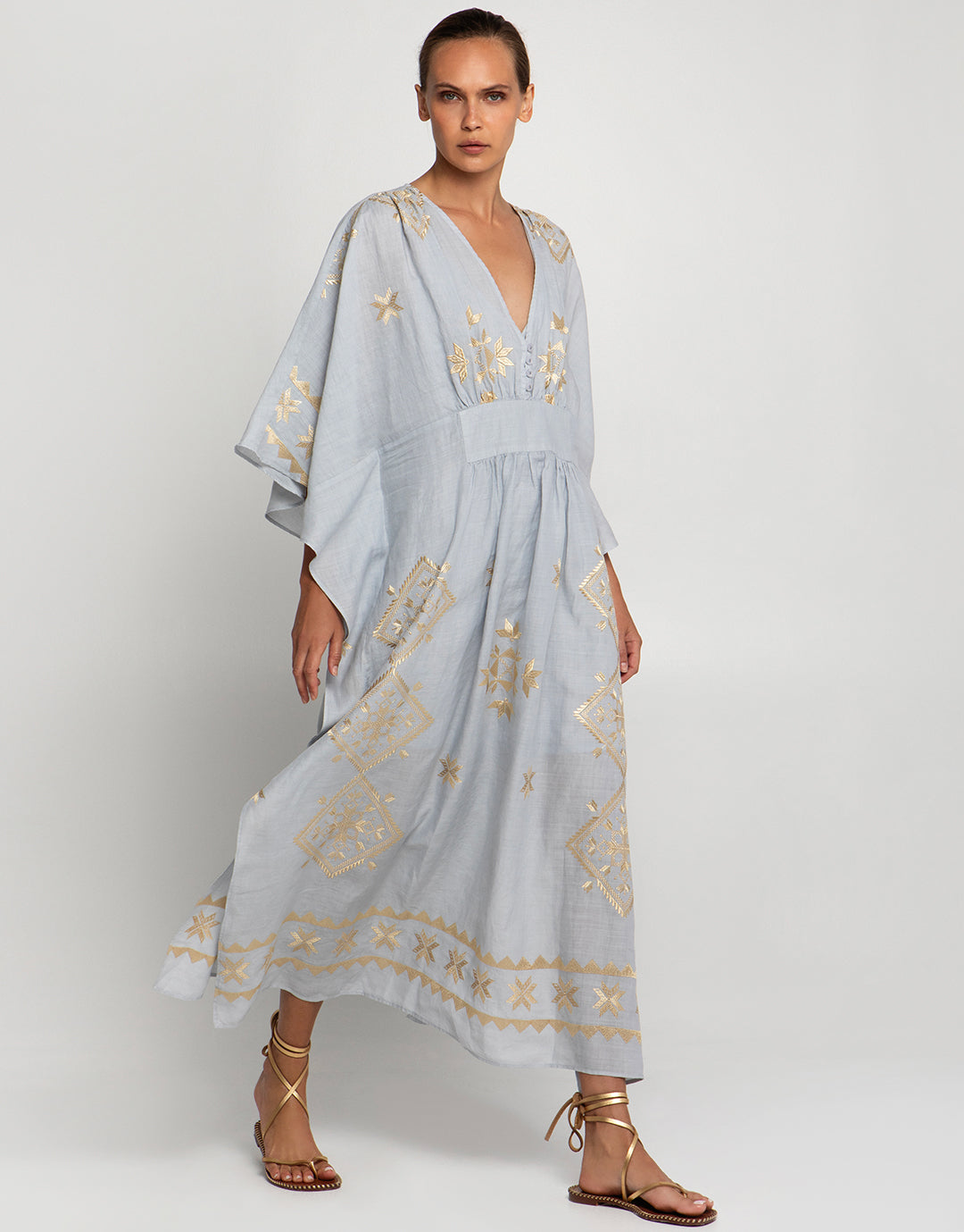 Lefkada Kimono Sleeve Maxi Kaftan - Light Grey and Gold - Simply Beach UK