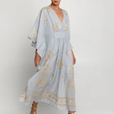 Lefkada Kimono Sleeve Maxi Kaftan - Light Grey and Gold - Simply Beach UK