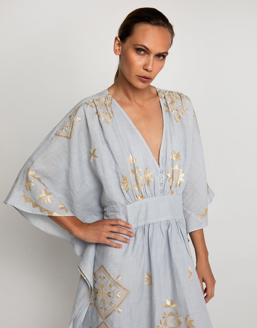 Lefkada Kimono Sleeve Maxi Kaftan - Light Grey and Gold - Simply Beach UK