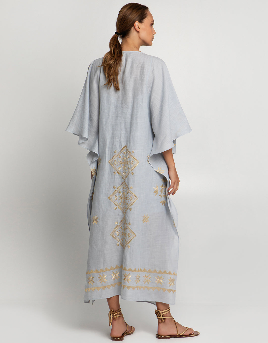 Lefkada Kimono Sleeve Maxi Kaftan - Light Grey and Gold - Simply Beach UK