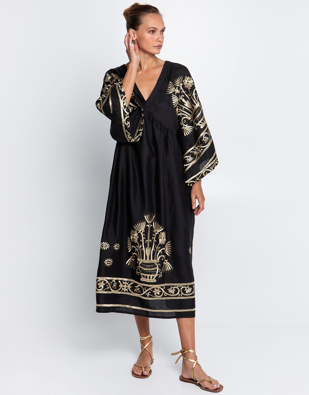 Crete V Neck Midi Kaftan - Black and Gold - Simply Beach UK