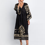 Crete V Neck Midi Kaftan - Black and Gold - Simply Beach UK