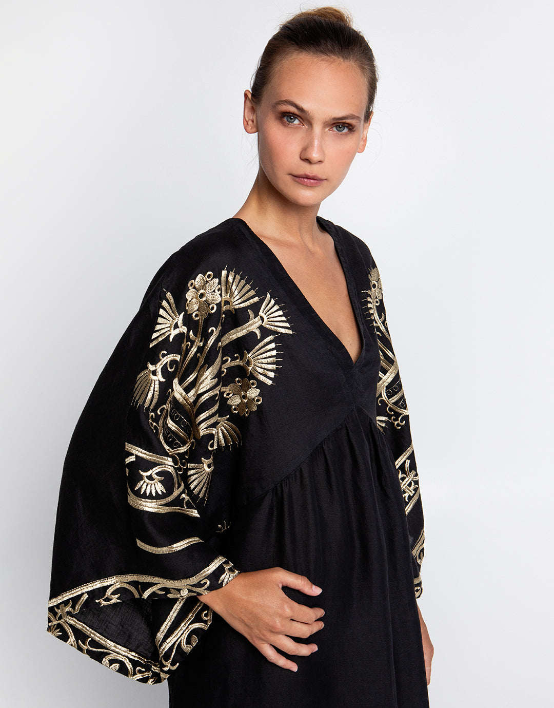 Crete V Neck Midi Kaftan - Black and Gold - Simply Beach UK