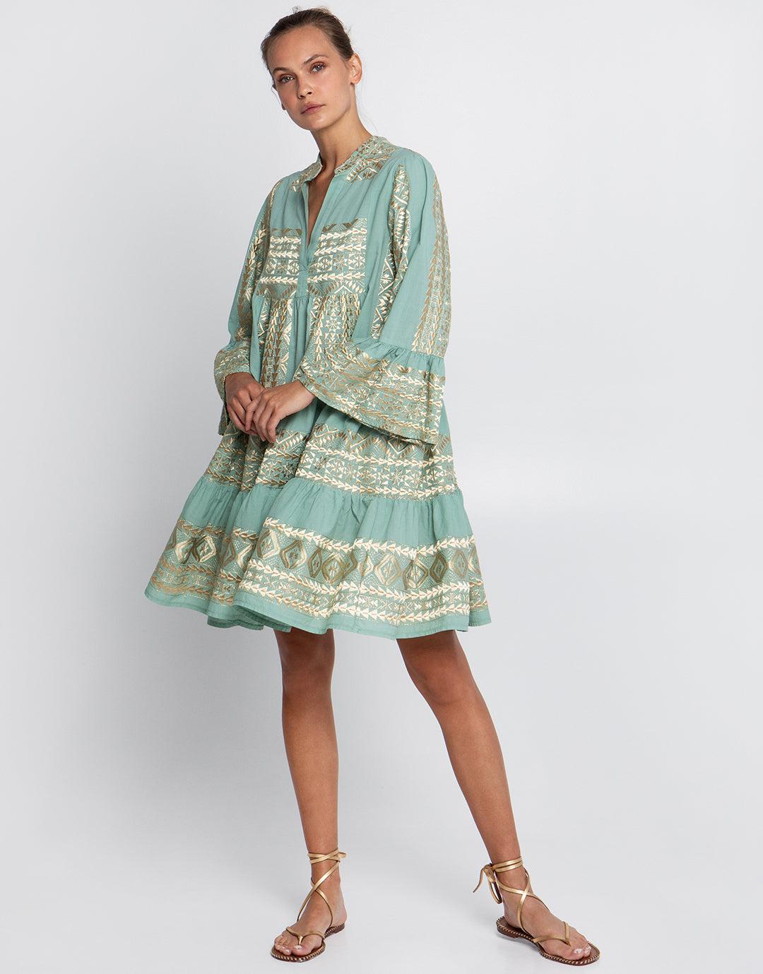 Classic Triangle Long Sleeve Mini Dress - Sea Green and Gold - Simply Beach UK