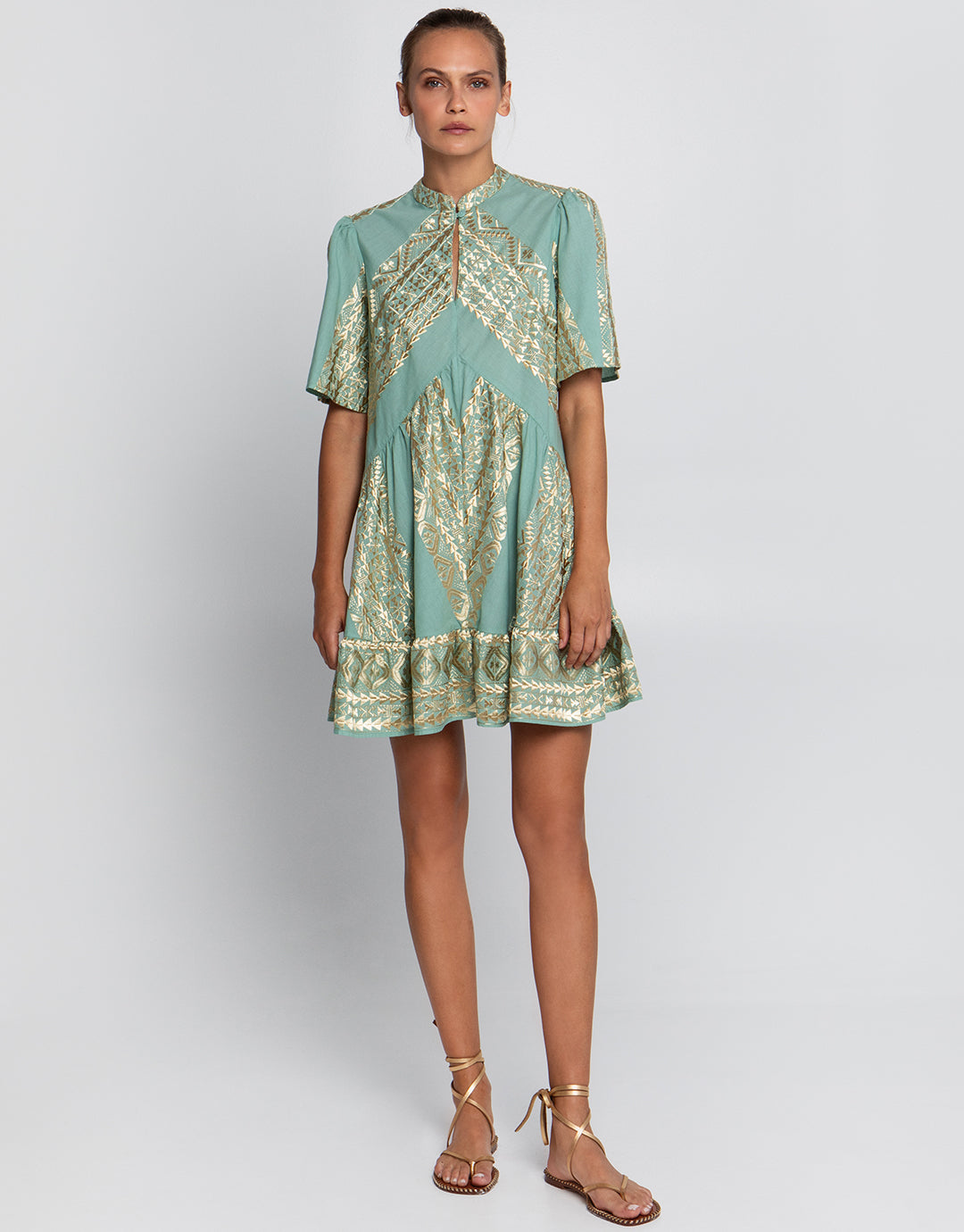 Classic Triangle Oriental Style Mini Dress - Sea Green and Gold - Simply Beach UK