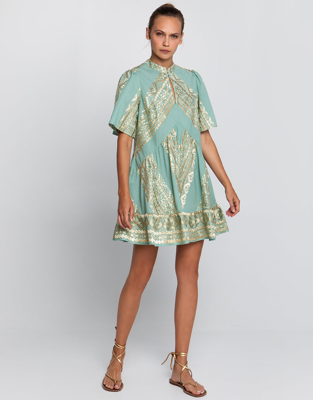 Classic Triangle Oriental Style Mini Dress - Sea Green and Gold - Simply Beach UK