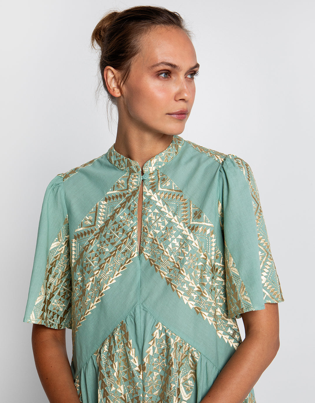 Classic Triangle Oriental Style Mini Dress - Sea Green and Gold - Simply Beach UK