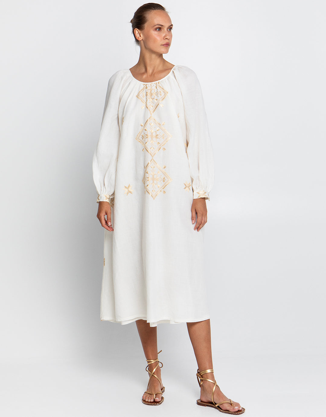 Lefkada Round Neck Midi Kaftan Dress - Natural and Gold - Simply Beach UK