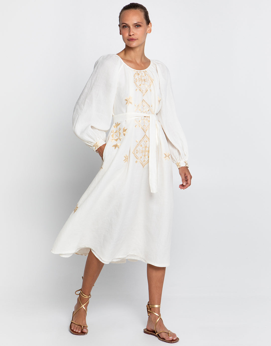 Lefkada Round Neck Midi Kaftan Dress - Natural and Gold - Simply Beach UK