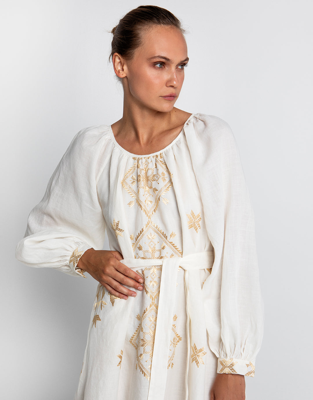 Lefkada Round Neck Midi Kaftan Dress - Natural and Gold - Simply Beach UK