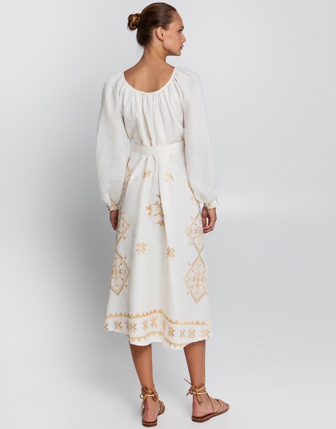 Lefkada Round Neck Midi Kaftan Dress - Natural and Gold - Simply Beach UK