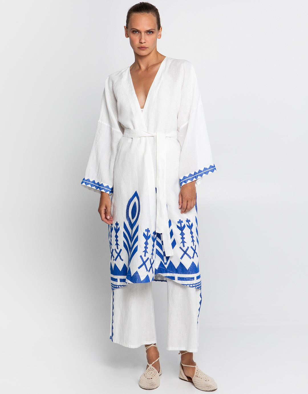 Feather Midi Kimono - White and Blue - Simply Beach UK