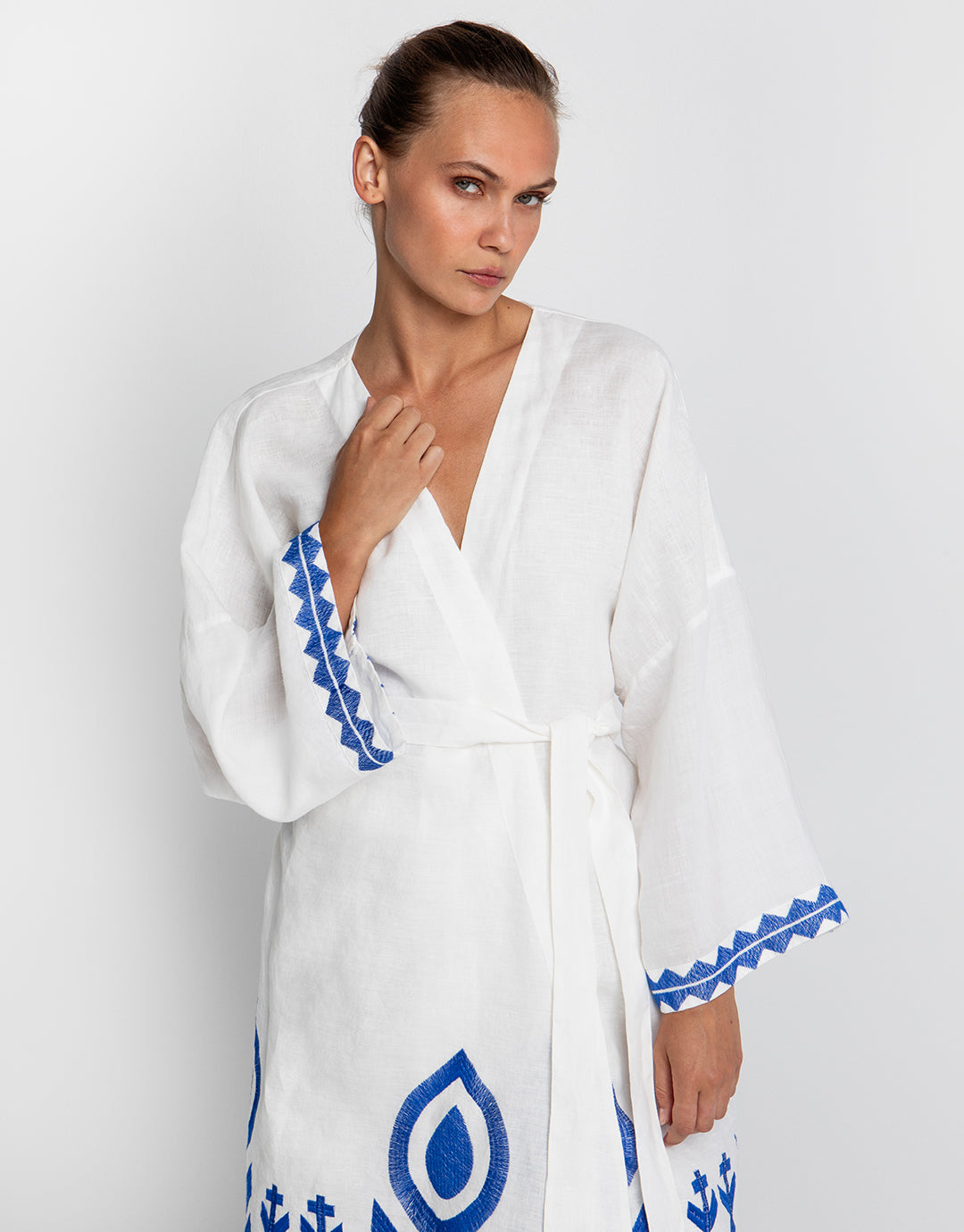 Feather Midi Kimono - White and Blue - Simply Beach UK