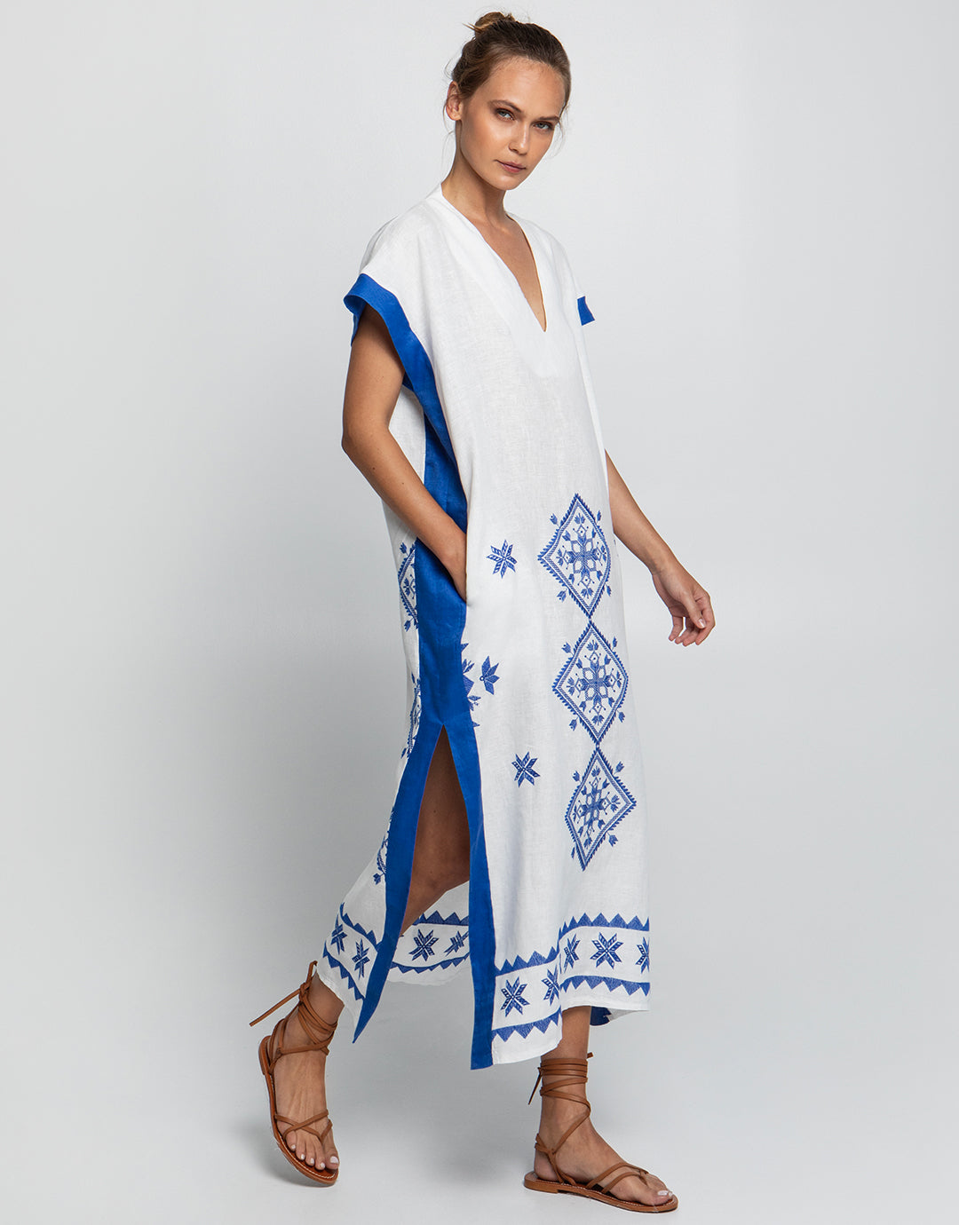 Lefkada Midi Kaftan Tunic - White and Blue - Simply Beach UK