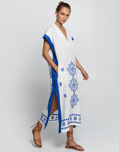 Lefkada Midi Kaftan Tunic - White and Blue - Simply Beach UK