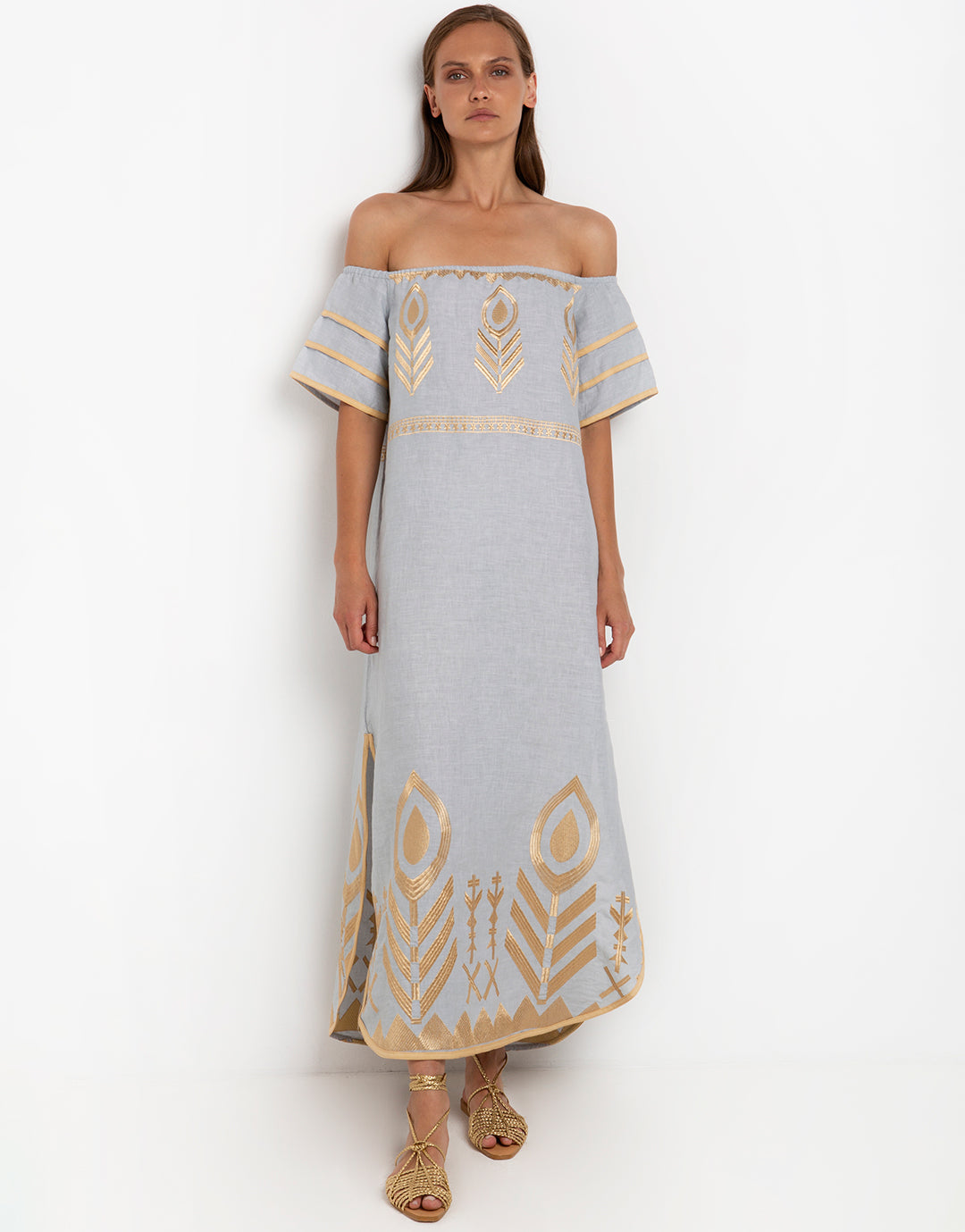 Feather Off The Shoulder Dress - Light Grey and Gold - Simply Beach UK