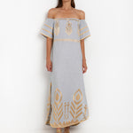 Feather Off The Shoulder Dress - Light Grey and Gold - Simply Beach UK