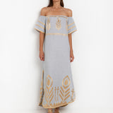 Feather Off The Shoulder Dress - Light Grey and Gold - Simply Beach UK