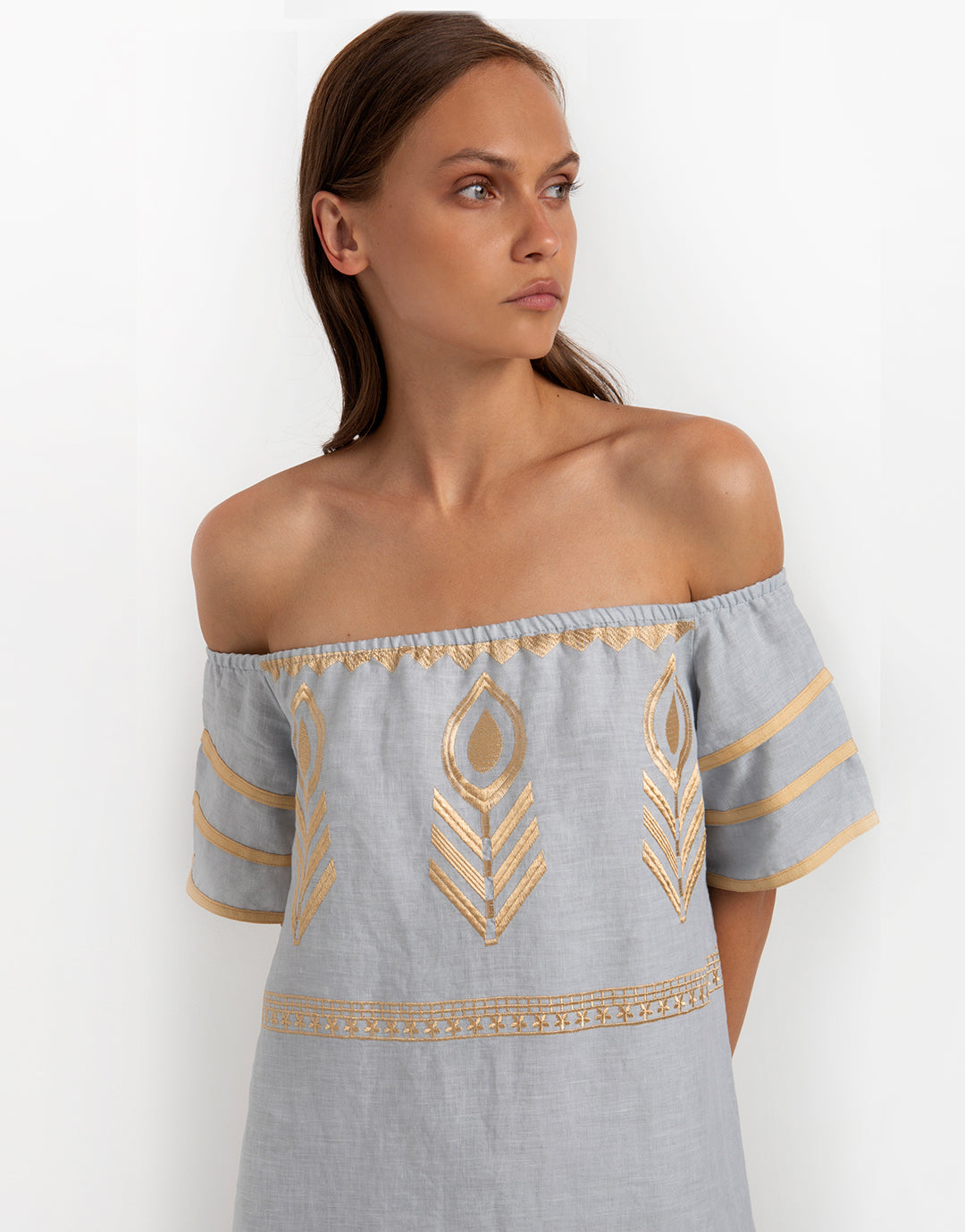 Feather Off The Shoulder Dress - Light Grey and Gold - Simply Beach UK