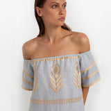 Feather Off The Shoulder Dress - Light Grey and Gold - Simply Beach UK