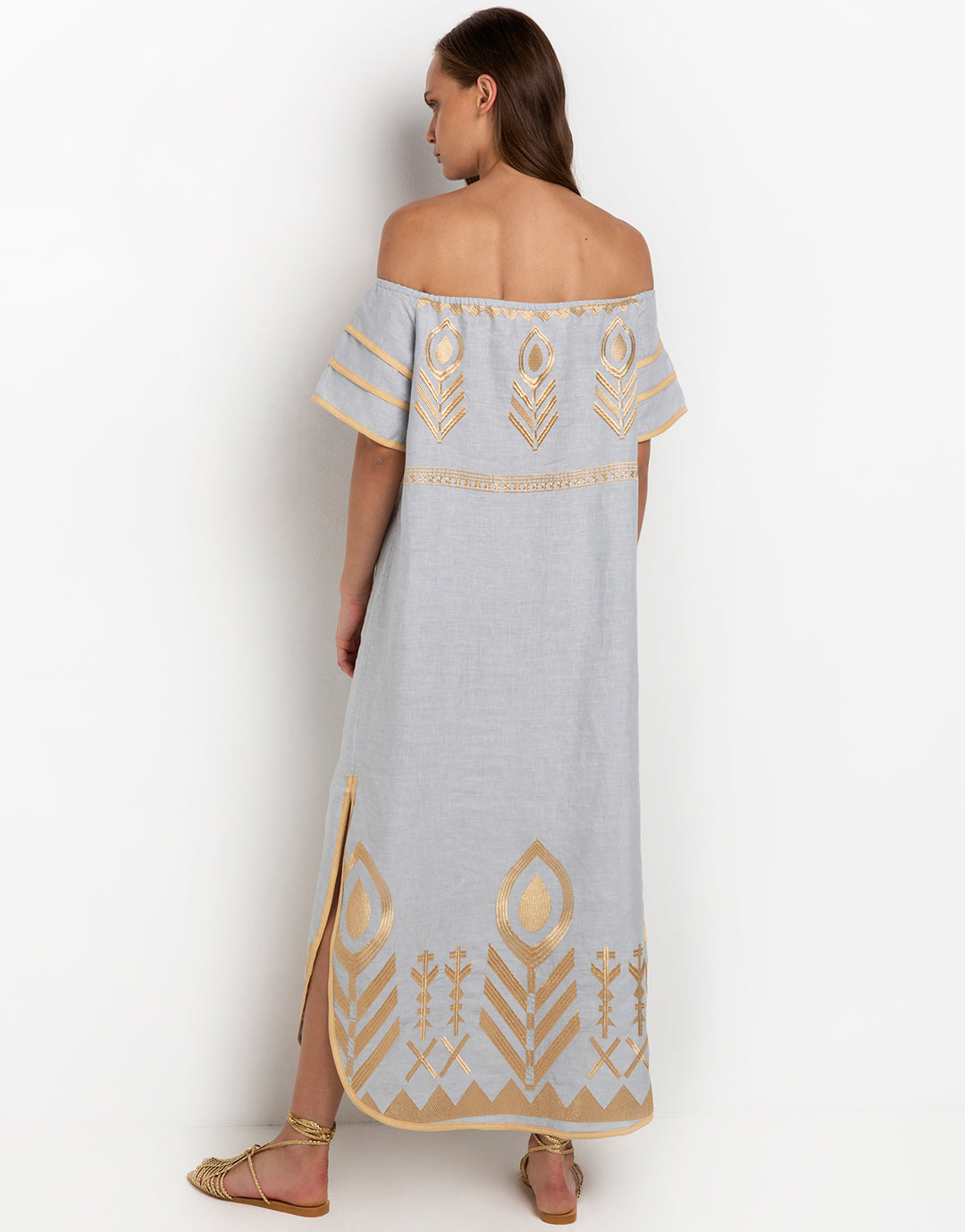 Feather Off The Shoulder Dress - Light Grey and Gold - Simply Beach UK