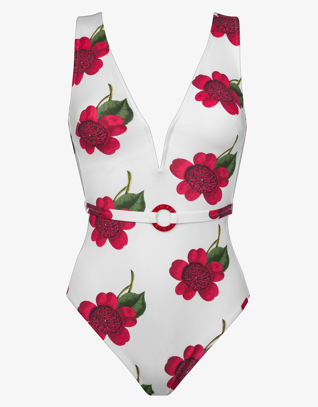 The Bloom Belted Plunge Swimsuit - White Red - Simply Beach UK