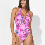 Tropic Radiance Plunge Halter Swimsuit - Electric Pink - Simply Beach UK