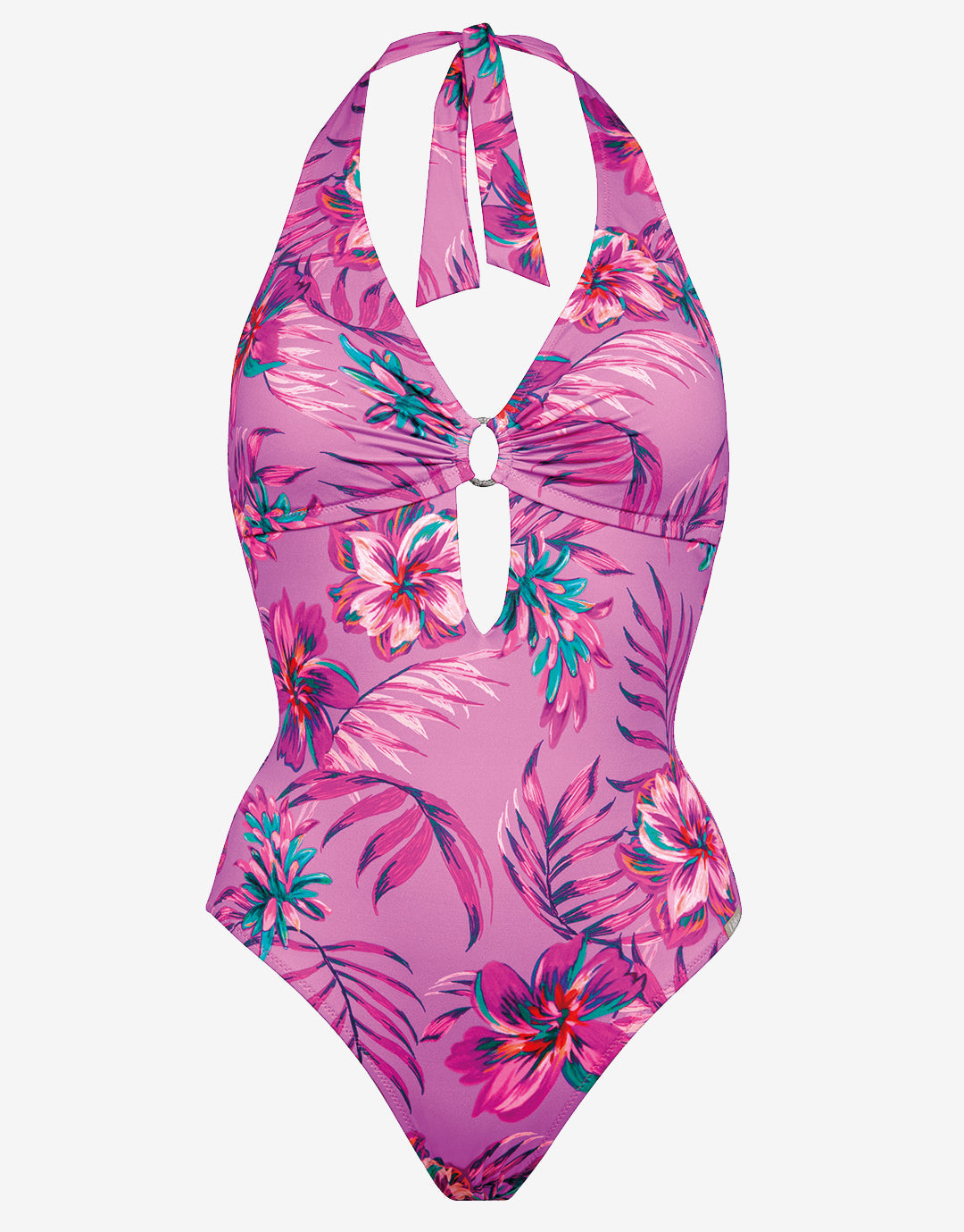 Tropic Radiance Plunge Halter Swimsuit - Electric Pink - Simply Beach UK