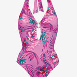 Tropic Radiance Plunge Halter Swimsuit - Electric Pink - Simply Beach UK