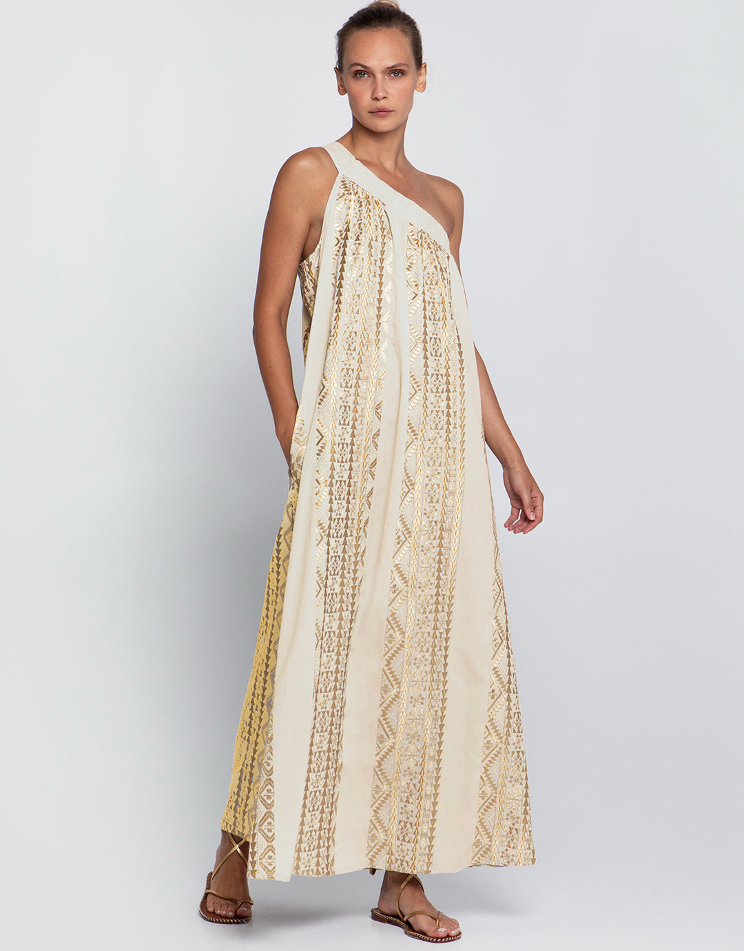 Classic Triangle Asymmetrical Maxi Dress - Natural and Gold - Simply Beach UK