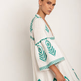 Feathers Bell Sleeve Kaftan - White and Emerald - Simply Beach UK