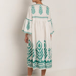 Feathers Bell Sleeve Kaftan - White and Emerald - Simply Beach UK