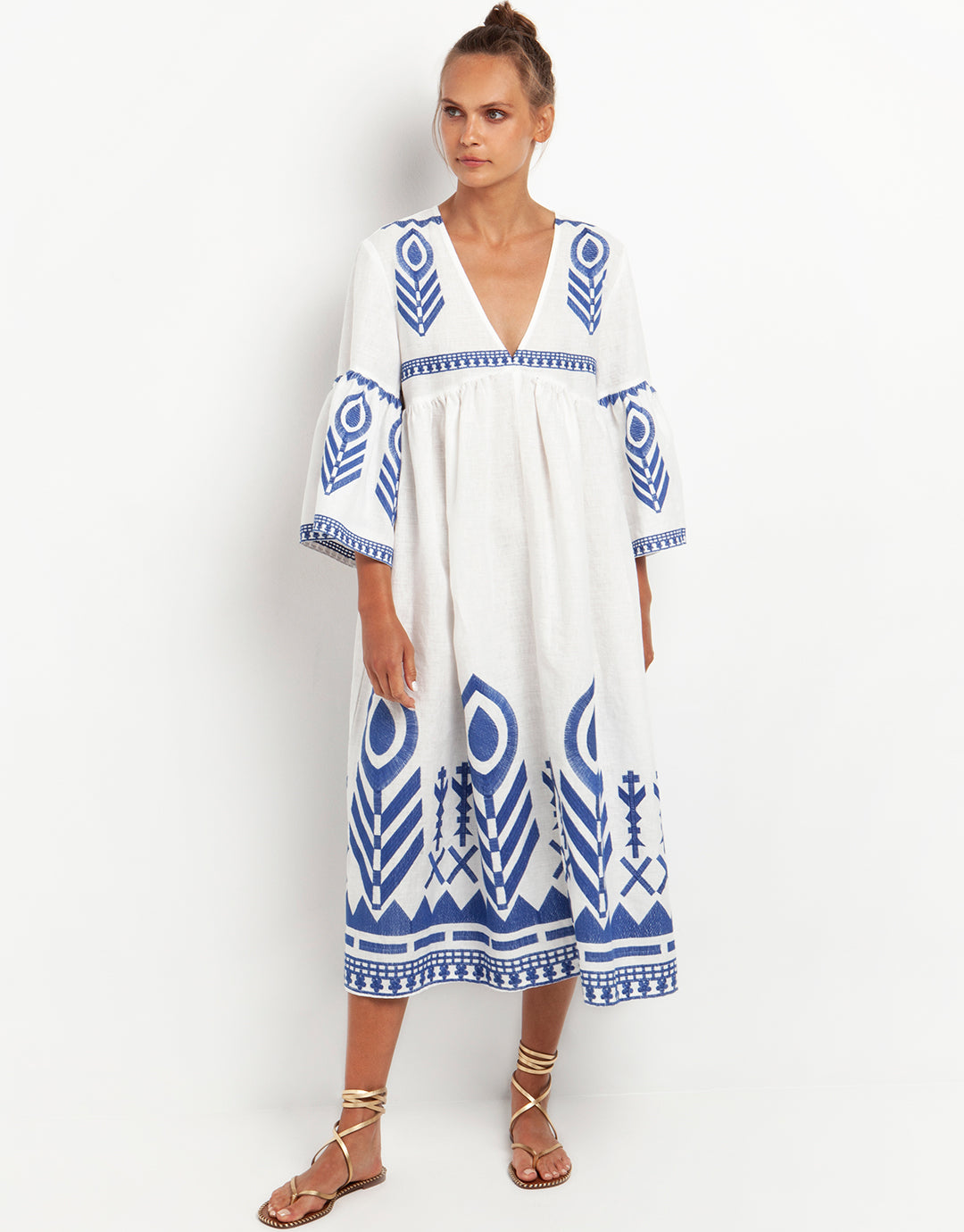 Feather Bell Sleeve Kaftan - White and Blue - Simply Beach UK