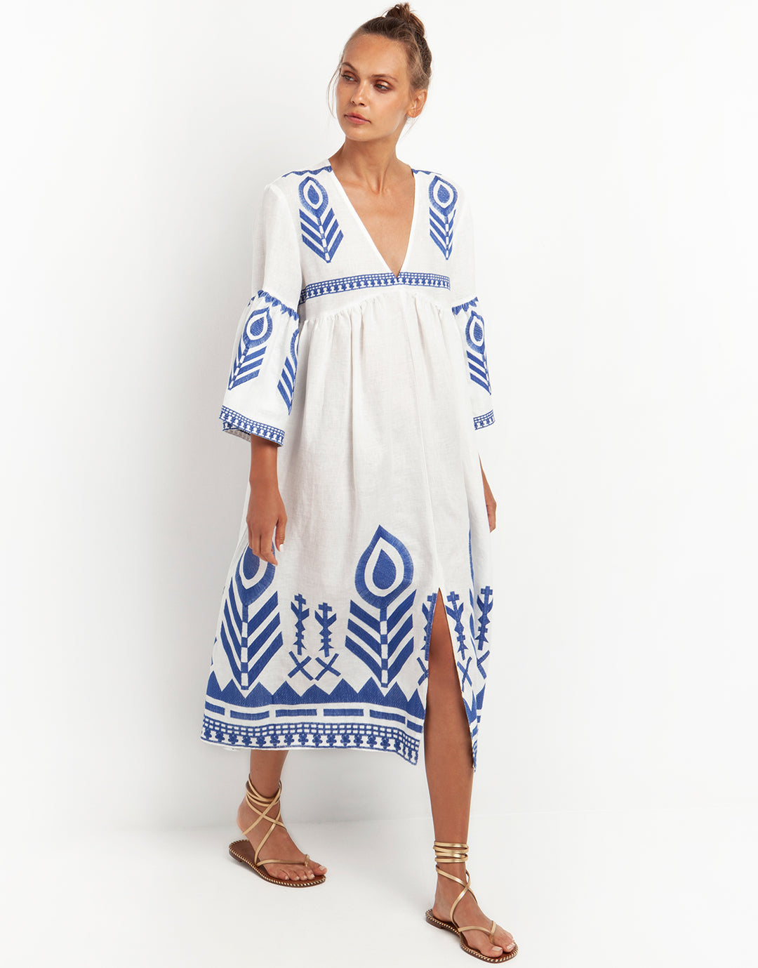 Feather Bell Sleeve Kaftan - White and Blue - Simply Beach UK