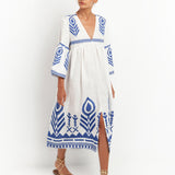 Feather Bell Sleeve Kaftan - White and Blue - Simply Beach UK