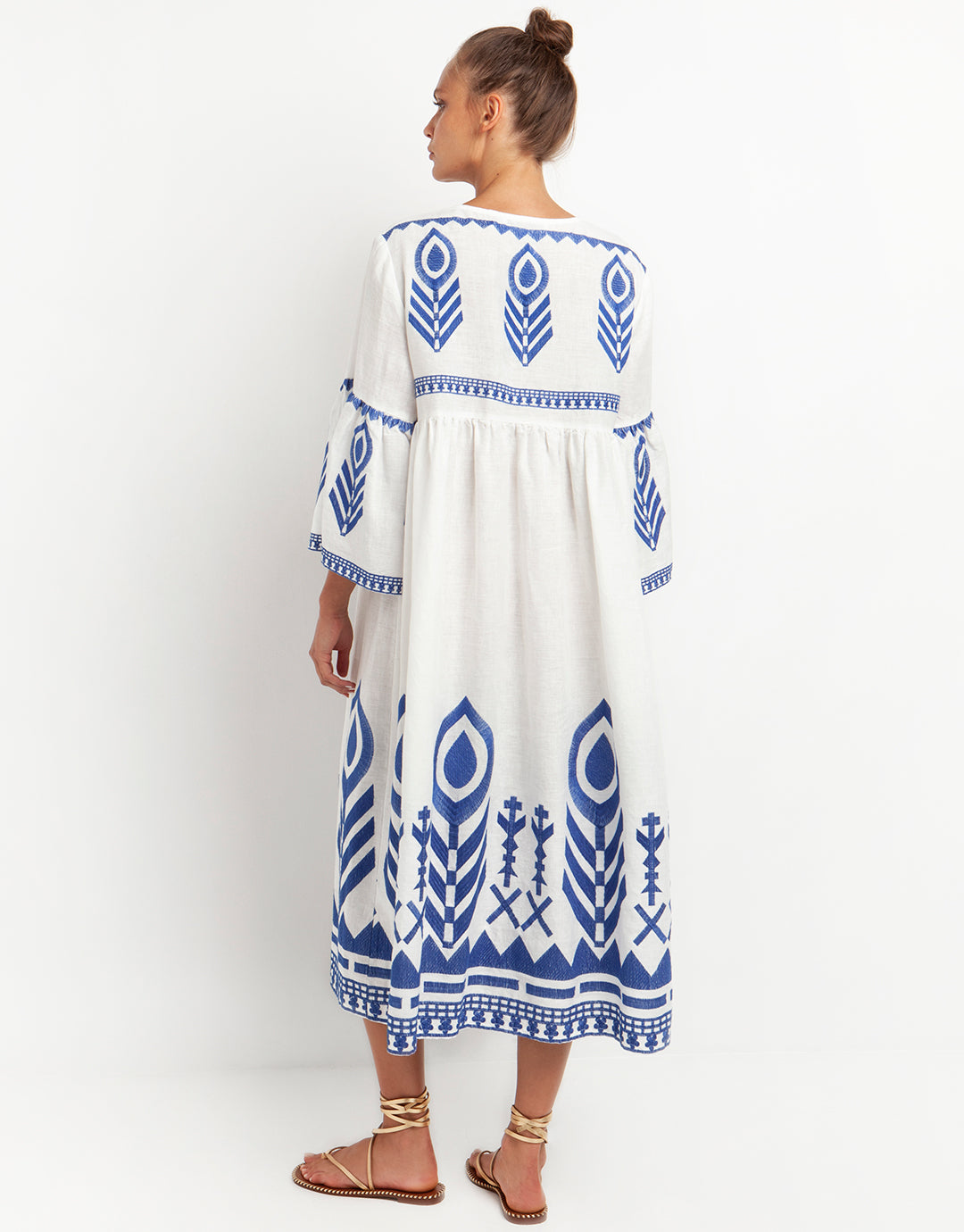 Feather Bell Sleeve Kaftan - White and Blue - Simply Beach UK