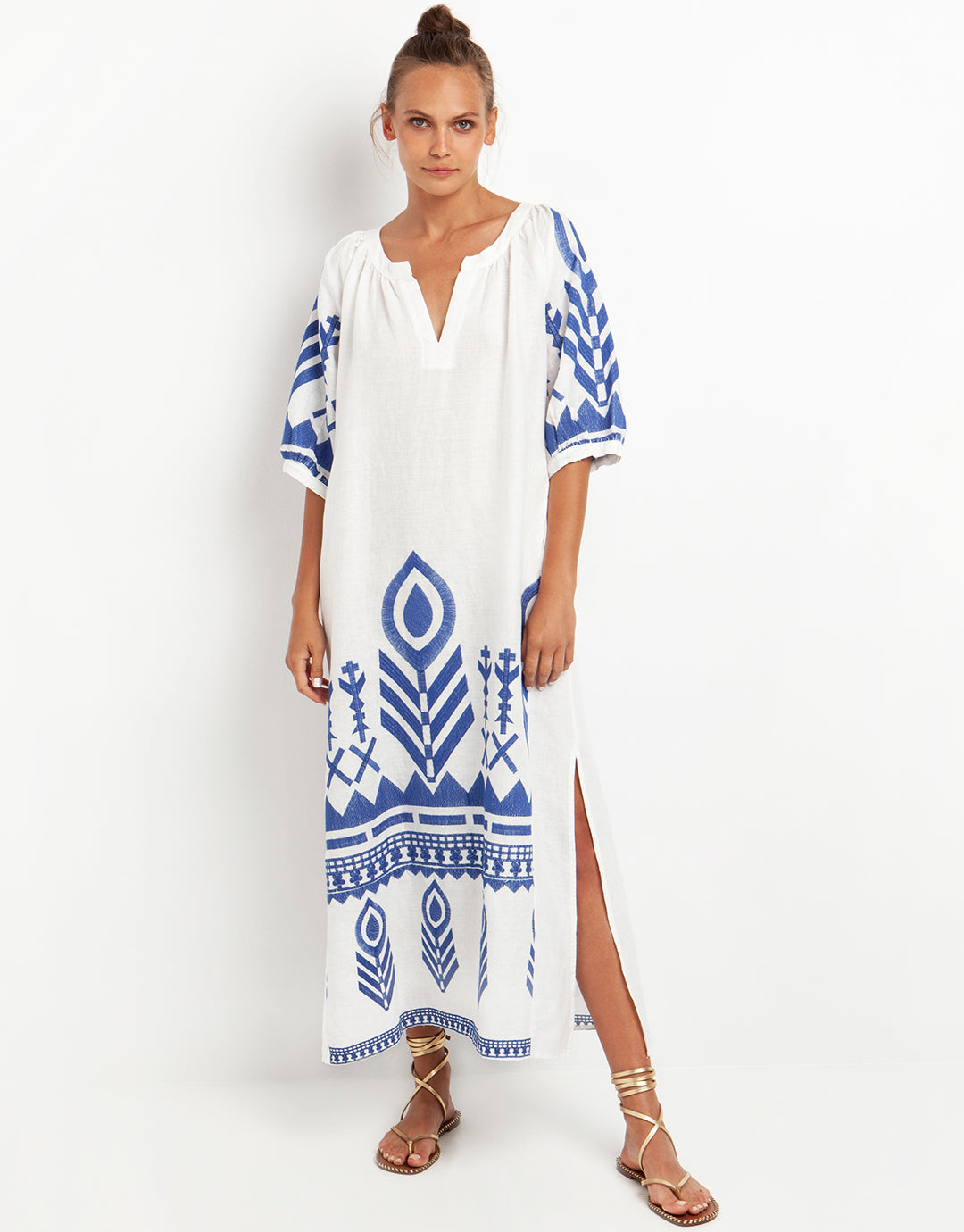 Feather Maxi Kaftan - White and Blue - Simply Beach UK