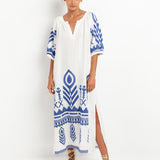 Feather Maxi Kaftan - White and Blue - Simply Beach UK