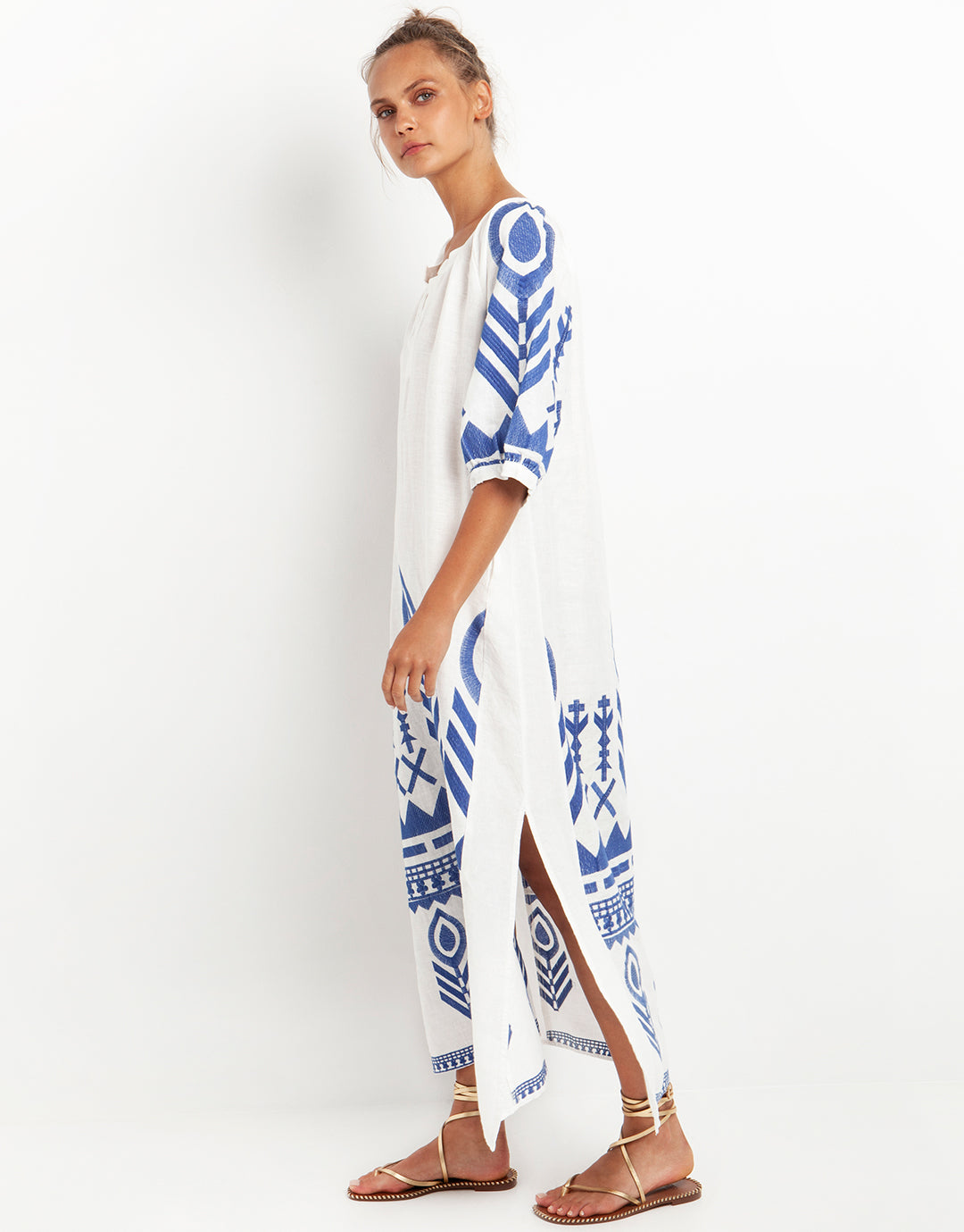 Feather Maxi Kaftan - White and Blue - Simply Beach UK