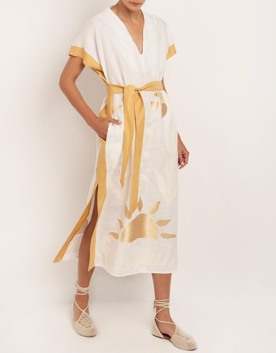 Sun Midi Kaftan  - White and Yellow - Simply Beach UK